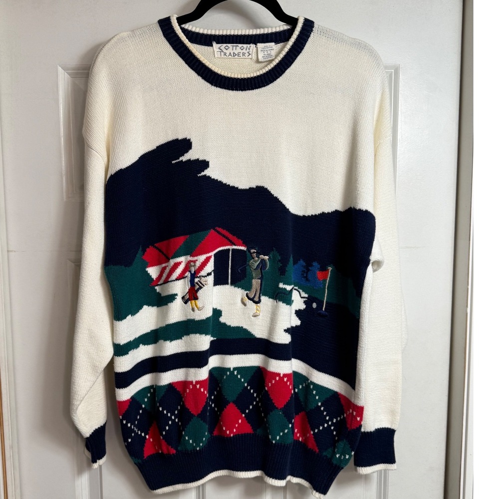 Vtg Cotton Traders Golf Sweater Mens L Crew Neck Long Sleeve Knit Fair Isle